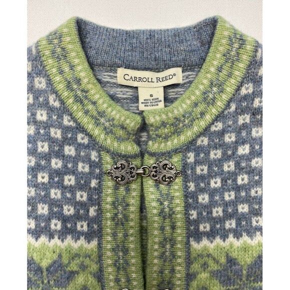 Vintage Carroll Reed Green‎ Gray Wool Frog Clasp Fair Isle Cardigan Sz Small - Picture 4 of 8